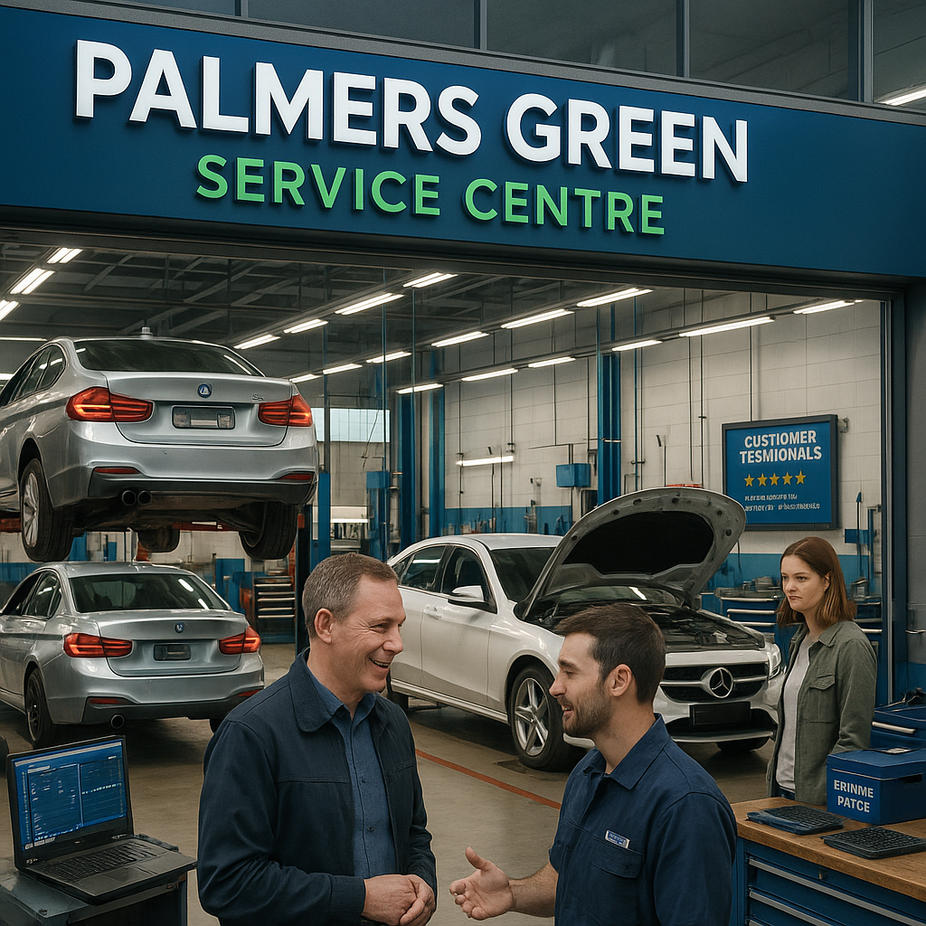 photographic In a bustling modern automotive service center the sleek exterior is accentuated by a vibrant sign that reads Palmers Green Service Centr